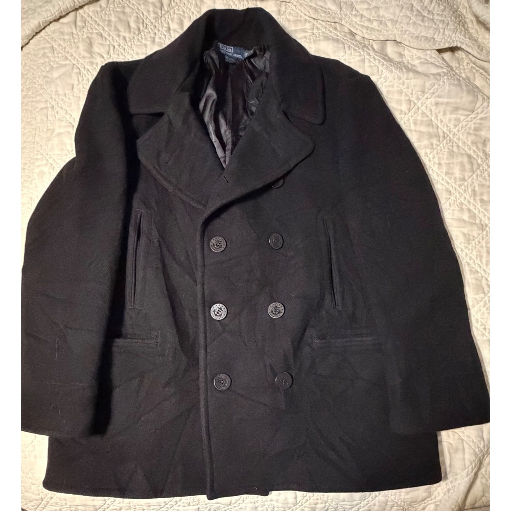 Polo Ralph Lauren Sailor Double Breasted Pea Coat Mens XXL Black Wool Jacket